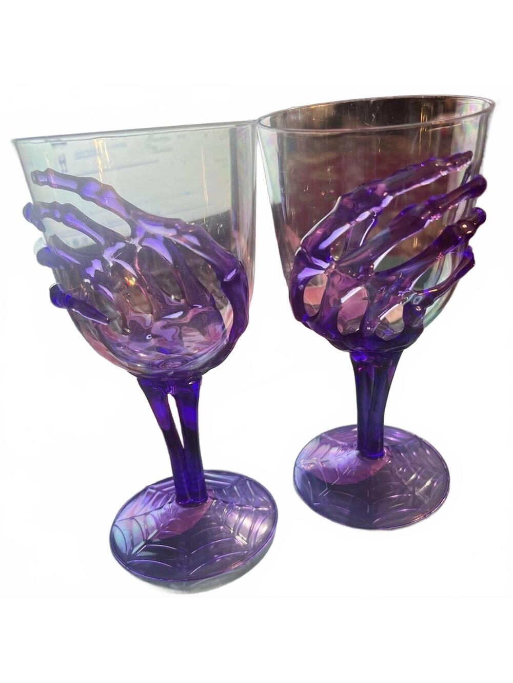 HALLOWEEN Lot Of 2 Purple Skeleton Hand Resin Wine Glasses